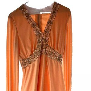 Vintage 60s/70s Hostess Maxi Peach Beaded Dress Goddess Fairy NO LABEL, Small